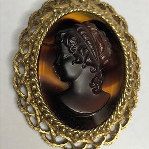 Florenza tortoise glass cameo brooch.